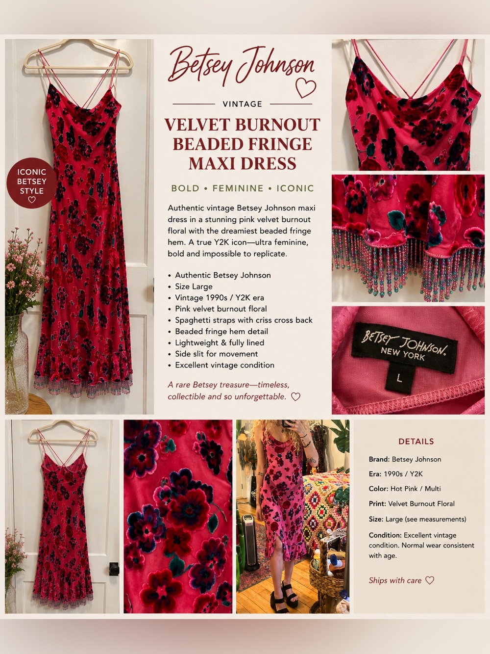 Vintage Betsey Johnson Hot Pink Velvet Burnout Floral Beaded Fringe Maxi Slip